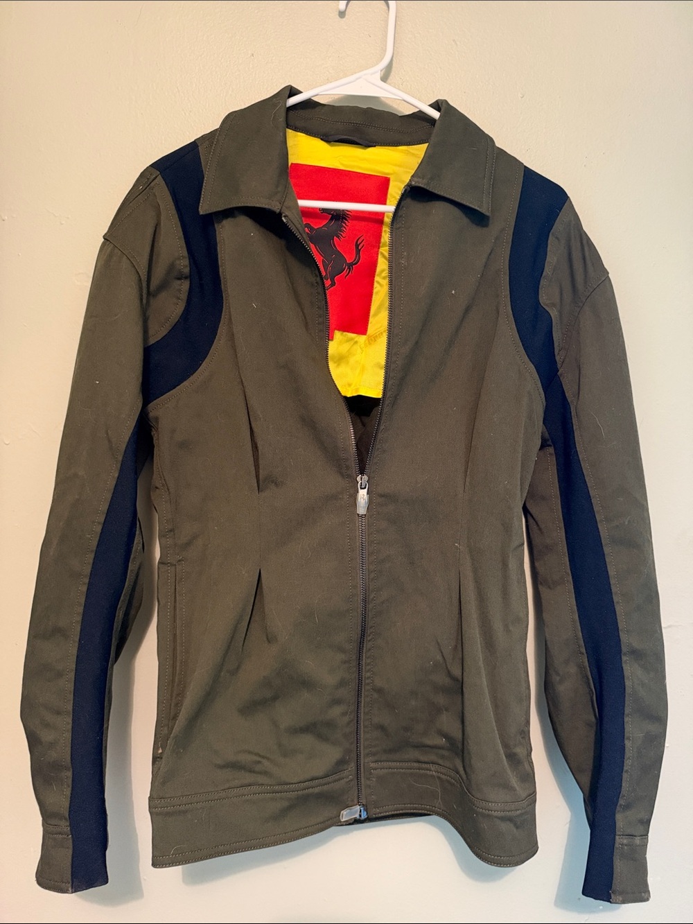 Ferrari Olive Green Jacket with Navy Panels and Yellow Lining